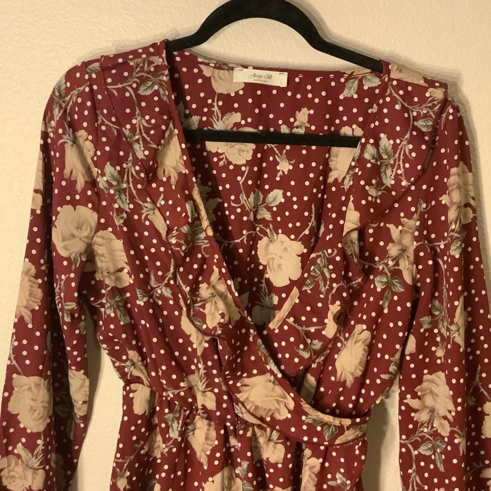 Size L Maroon Plunge A-Line Top- Polka Dot & Rose